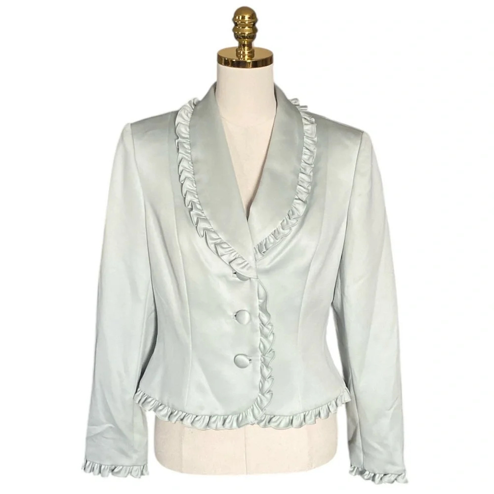 OLEG CASSINI Women’s Vintage Black-Tie Ruffled Light Green Short Jacket Size 12